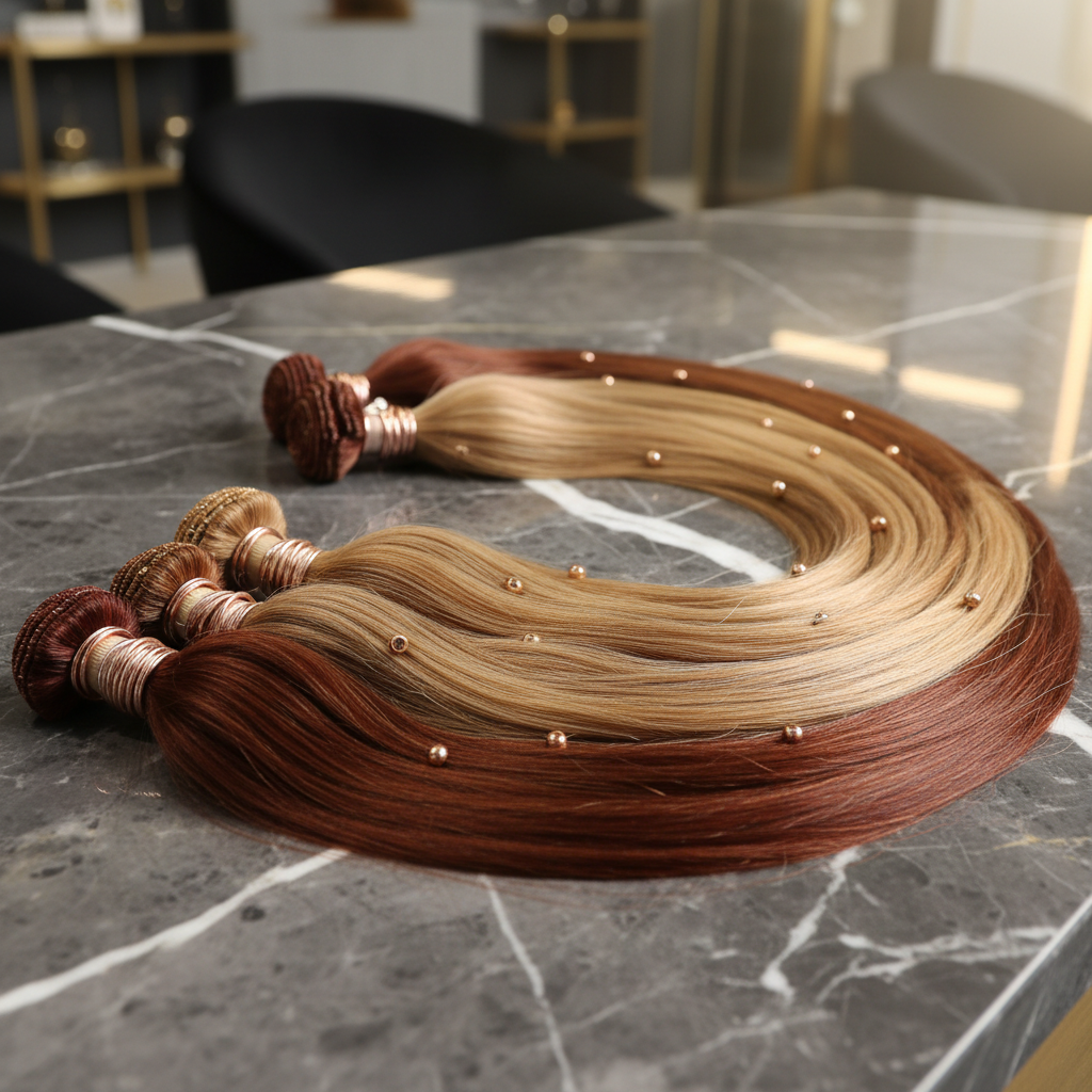 Micro Beads hair extensions on dark marble surface