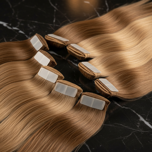 Tape-in hair extensions on dark marble surface